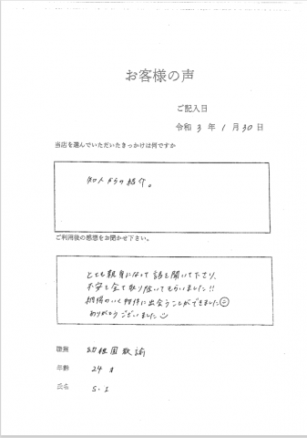 知人で紹介で来店。不安を取り除いてもらった。